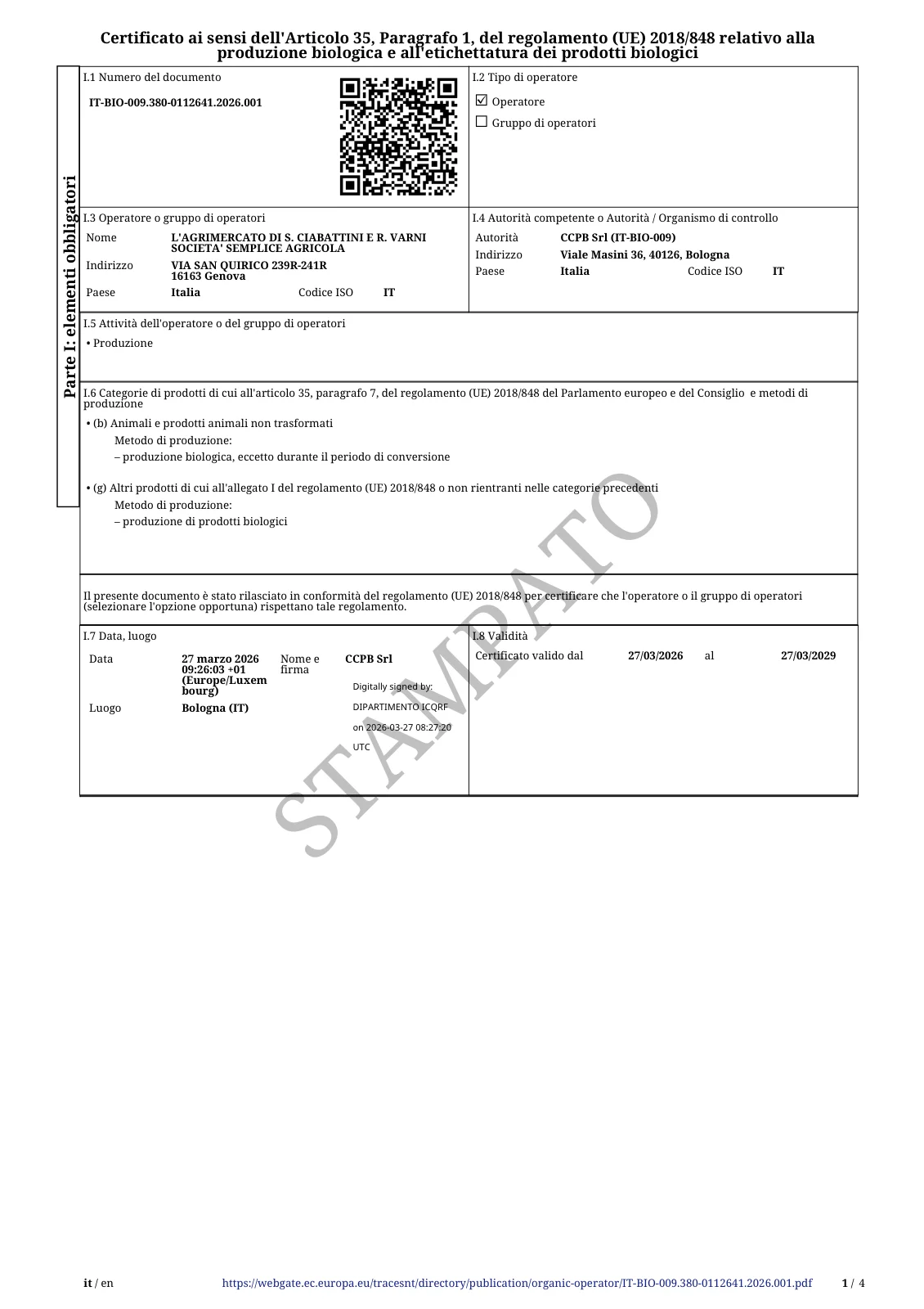 Certificato biologico — CCPB Srl · IT-BIO-009