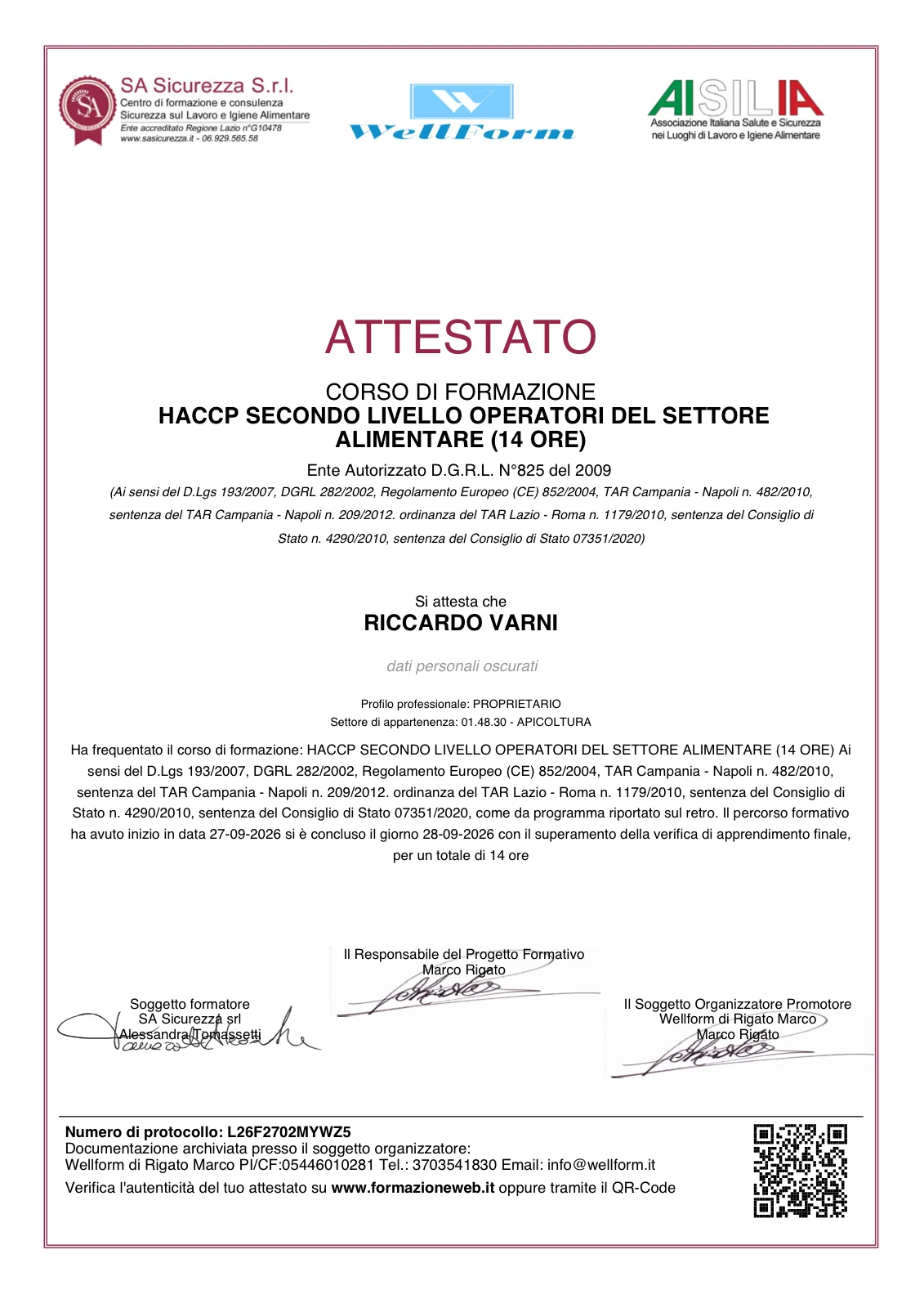 Attestato HACCP — Riccardo Varni · titolare